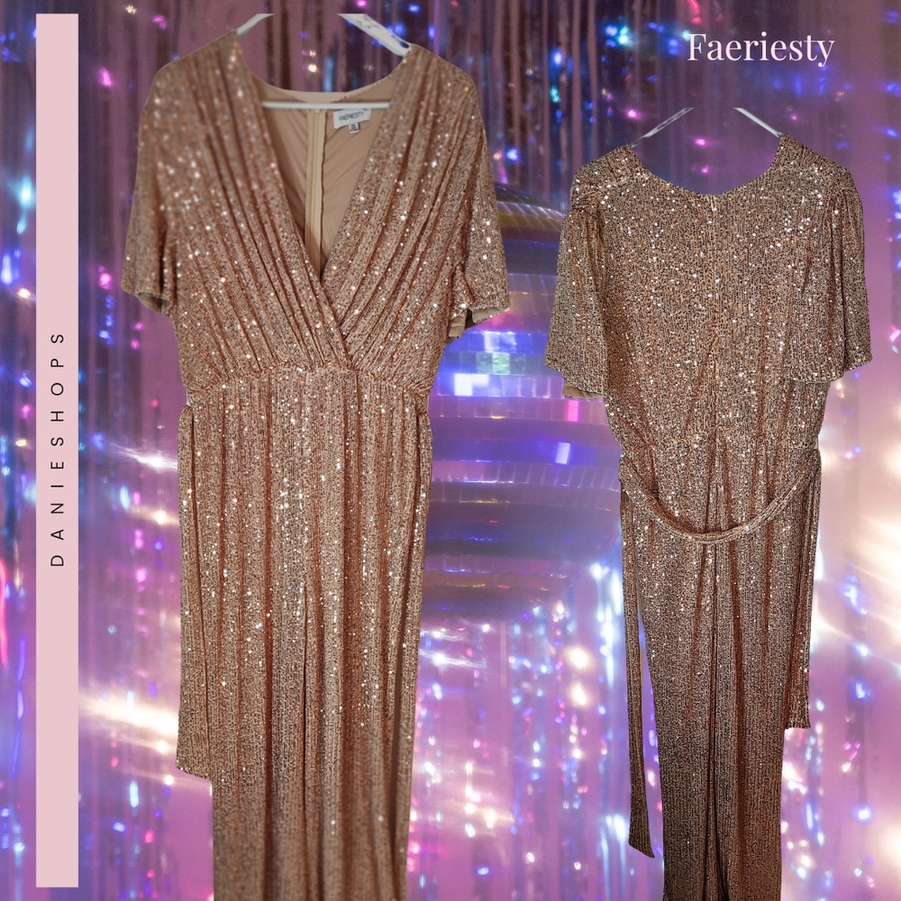 FAERIESTY Rose Gold Sequin Jumpsuit XXL – NWT Glam Party/Evening Look